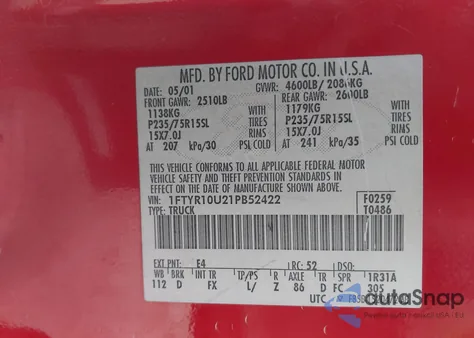 2001 Ford Ranger Edge/Xl/Xlt from USA, damaged, VIN 1FTYR10U21PB52422